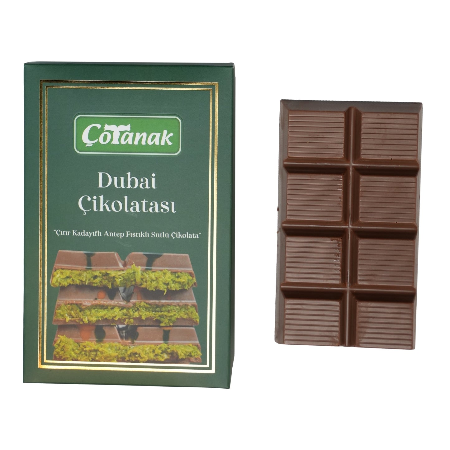 Çotanak Dubai Chocolate Bar - Milk Chocolate Filled with Pistachio Cream and Roasted Kadaif 180g (6.3 oz) - Exporgin - Global Shopping Site